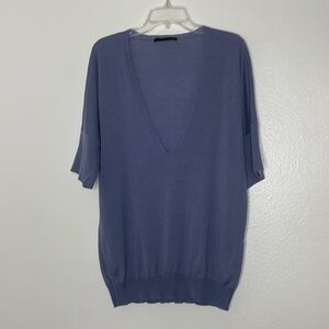 Les Copains Blue V Neck 100% Virgin Wool Dolman Short Sleeve Sweater Medium